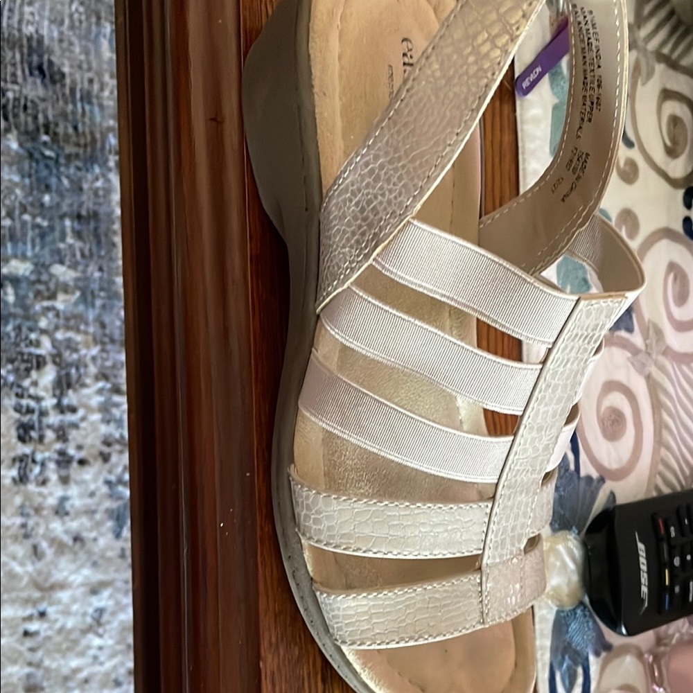 Elegant Taupe Strappy Women's Sandals like new has 3 rows of elastic straps.